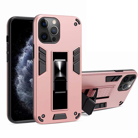 Funda Bumper Silicona y Plastico Mate Carcasa con Magnetico Soporte H01 para Apple iPhone 12 Pro Rosa