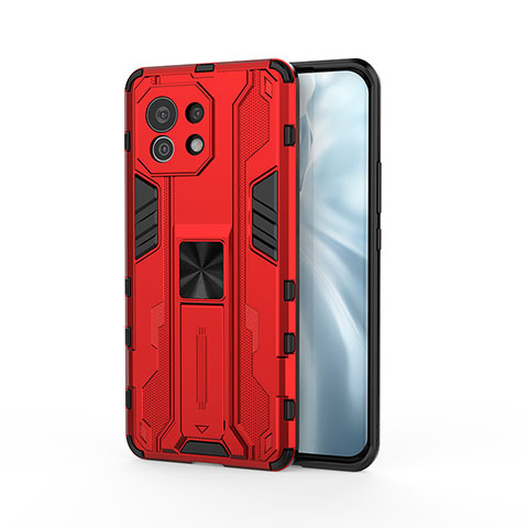 Funda Bumper Silicona y Plastico Mate Carcasa con Magnetico Soporte H02 para Xiaomi Mi 11 Lite 5G NE Rojo