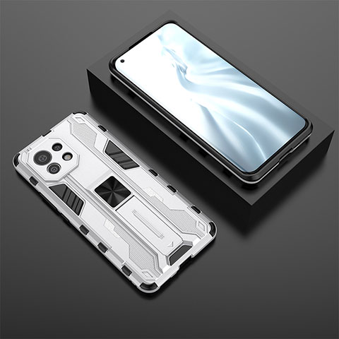 Funda Bumper Silicona y Plastico Mate Carcasa con Magnetico Soporte H03 para Xiaomi Mi 11 5G Blanco