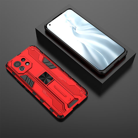 Funda Bumper Silicona y Plastico Mate Carcasa con Magnetico Soporte H03 para Xiaomi Mi 11 Lite 4G Rojo