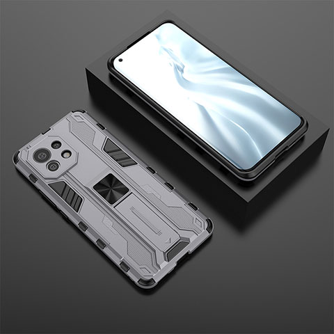 Funda Bumper Silicona y Plastico Mate Carcasa con Magnetico Soporte H03 para Xiaomi Mi 11 Lite 5G NE Gris