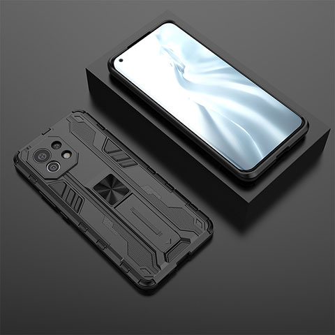 Funda Bumper Silicona y Plastico Mate Carcasa con Magnetico Soporte H03 para Xiaomi Mi 11 Lite 5G NE Negro