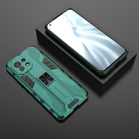 Funda Bumper Silicona y Plastico Mate Carcasa con Magnetico Soporte H03 para Xiaomi Mi 11 Lite 5G Verde