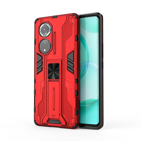 Funda Bumper Silicona y Plastico Mate Carcasa con Magnetico Soporte KC1 para Huawei Honor 50 Pro 5G Rojo