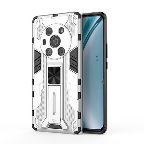 Funda Bumper Silicona y Plastico Mate Carcasa con Magnetico Soporte KC1 para Huawei Honor Magic3 5G Plata