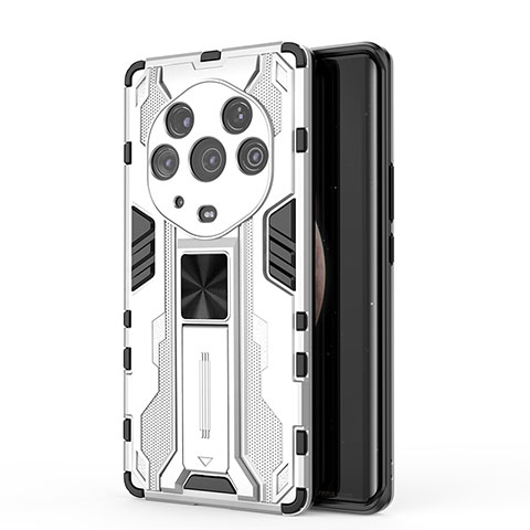 Funda Bumper Silicona y Plastico Mate Carcasa con Magnetico Soporte KC1 para Huawei Honor Magic3 Pro+ Plus 5G Plata