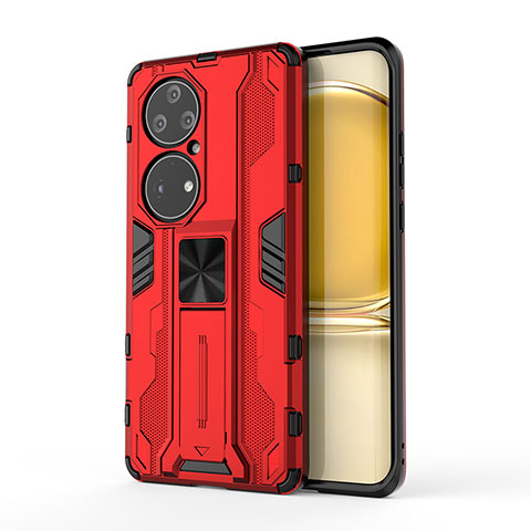 Funda Bumper Silicona y Plastico Mate Carcasa con Magnetico Soporte KC1 para Huawei P50 Pro Rojo