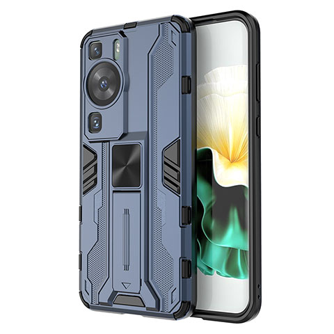 Funda Bumper Silicona y Plastico Mate Carcasa con Magnetico Soporte KC1 para Huawei P60 Pro Azul