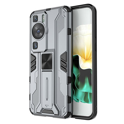 Funda Bumper Silicona y Plastico Mate Carcasa con Magnetico Soporte KC1 para Huawei P60 Pro Gris