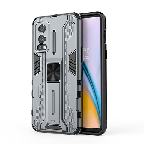 Funda Bumper Silicona y Plastico Mate Carcasa con Magnetico Soporte KC1 para OnePlus Nord 2 5G Gris