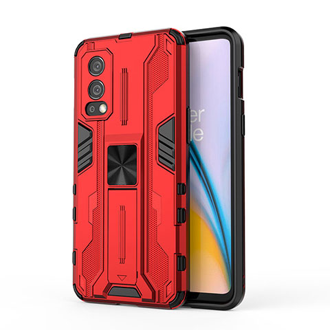 Funda Bumper Silicona y Plastico Mate Carcasa con Magnetico Soporte KC1 para OnePlus Nord 2 5G Rojo