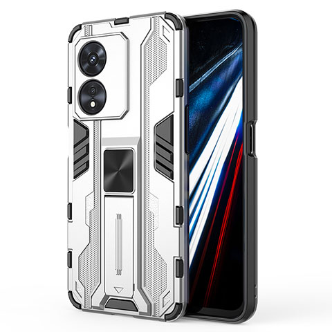 Funda Bumper Silicona y Plastico Mate Carcasa con Magnetico Soporte KC1 para Oppo A78 4G Plata