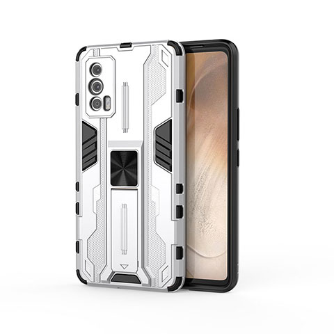 Funda Bumper Silicona y Plastico Mate Carcasa con Magnetico Soporte KC1 para Vivo iQOO 7 India 5G Plata