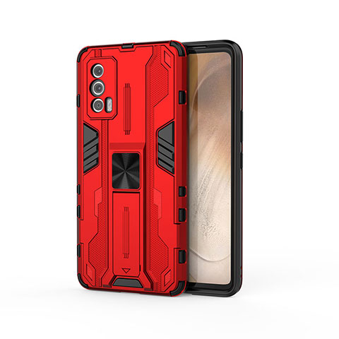 Funda Bumper Silicona y Plastico Mate Carcasa con Magnetico Soporte KC1 para Vivo iQOO 7 India 5G Rojo