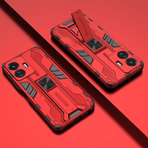 Funda Bumper Silicona y Plastico Mate Carcasa con Magnetico Soporte KC1 para Vivo iQOO Z6 Lite 5G Rojo