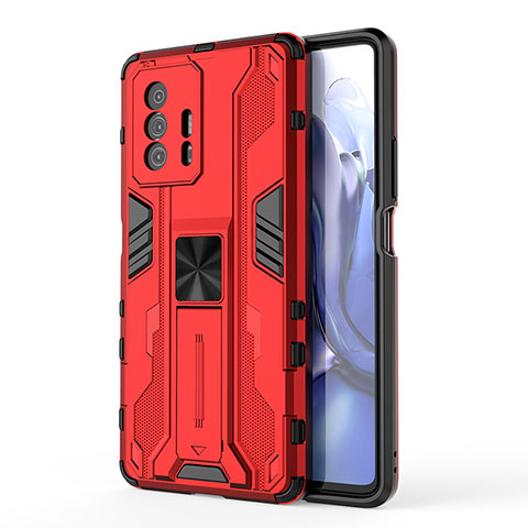 Funda Bumper Silicona y Plastico Mate Carcasa con Magnetico Soporte KC1 para Xiaomi Mi 11T 5G Rojo
