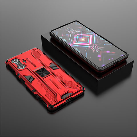 Funda Bumper Silicona y Plastico Mate Carcasa con Magnetico Soporte KC1 para Xiaomi Poco F3 GT 5G Rojo