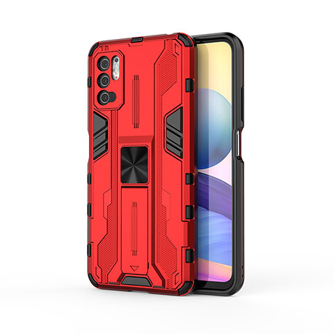 Funda Bumper Silicona y Plastico Mate Carcasa con Magnetico Soporte KC1 para Xiaomi POCO M3 Pro 5G Rojo