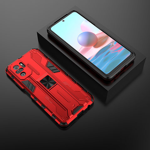 Funda Bumper Silicona y Plastico Mate Carcasa con Magnetico Soporte KC1 para Xiaomi Poco M5S Rojo
