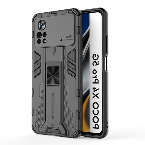 Funda Bumper Silicona y Plastico Mate Carcasa con Magnetico Soporte KC1 para Xiaomi Poco X4 Pro 5G Negro