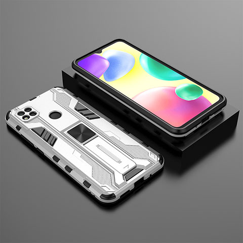 Funda Bumper Silicona y Plastico Mate Carcasa con Magnetico Soporte KC1 para Xiaomi Redmi 10A 4G Plata