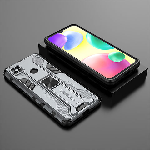 Funda Bumper Silicona y Plastico Mate Carcasa con Magnetico Soporte KC1 para Xiaomi Redmi 9 India Gris