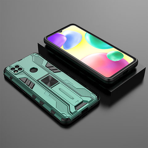 Funda Bumper Silicona y Plastico Mate Carcasa con Magnetico Soporte KC1 para Xiaomi Redmi 9 India Verde