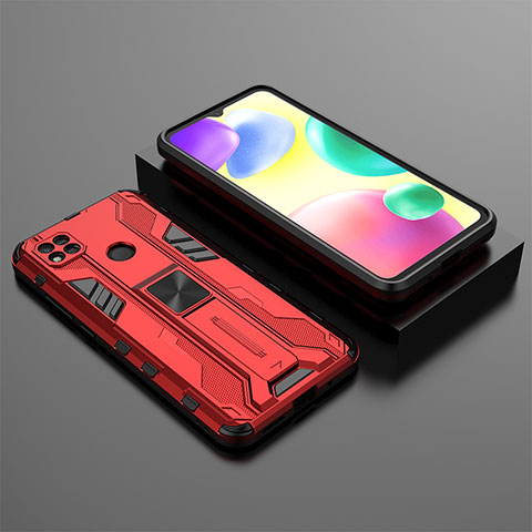 Funda Bumper Silicona y Plastico Mate Carcasa con Magnetico Soporte KC1 para Xiaomi Redmi 9C Rojo