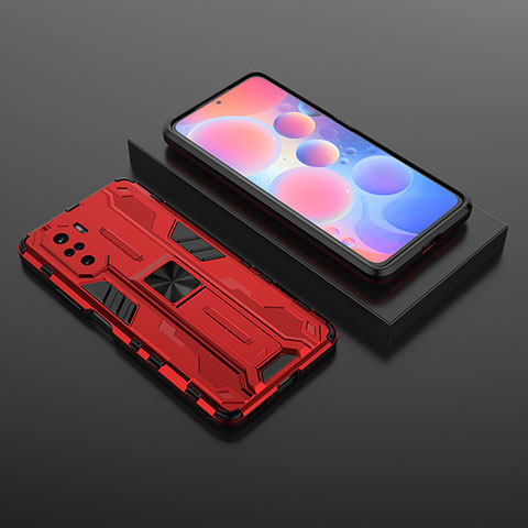 Funda Bumper Silicona y Plastico Mate Carcasa con Magnetico Soporte KC1 para Xiaomi Redmi K40 5G Rojo