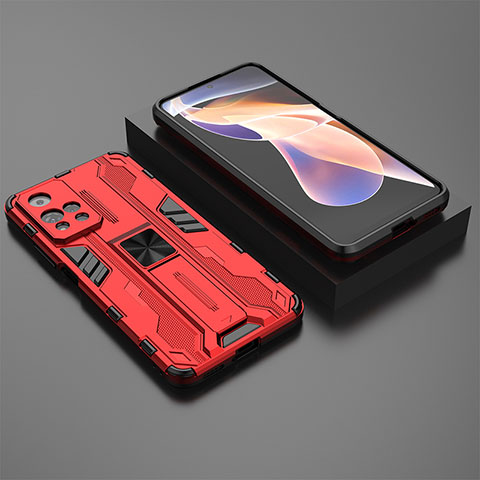Funda Bumper Silicona y Plastico Mate Carcasa con Magnetico Soporte KC1 para Xiaomi Redmi Note 11 Pro+ Plus 5G Rojo