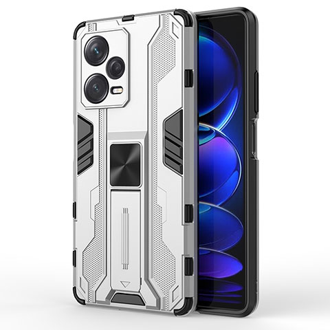 Funda Bumper Silicona y Plastico Mate Carcasa con Magnetico Soporte KC1 para Xiaomi Redmi Note 12 Explorer Plata