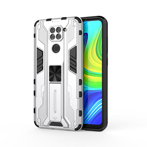 Funda Bumper Silicona y Plastico Mate Carcasa con Magnetico Soporte KC1 para Xiaomi Redmi Note 9 Plata