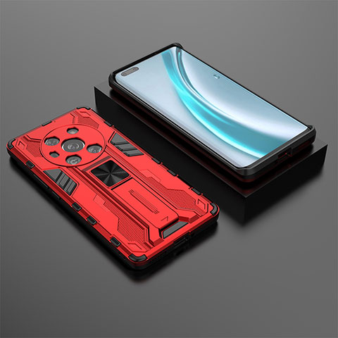 Funda Bumper Silicona y Plastico Mate Carcasa con Magnetico Soporte KC2 para Huawei Honor Magic3 5G Rojo