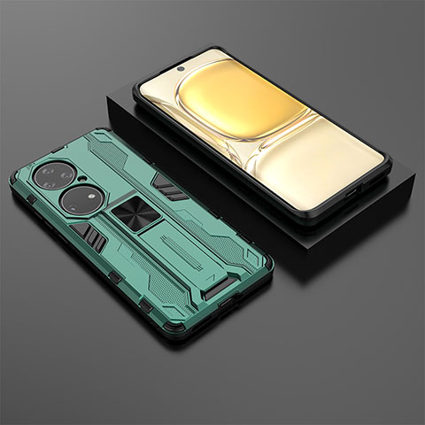 Funda Bumper Silicona y Plastico Mate Carcasa con Magnetico Soporte KC2 para Huawei P50e Verde