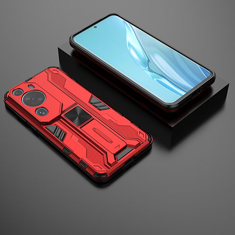 Funda Bumper Silicona y Plastico Mate Carcasa con Magnetico Soporte KC2 para Huawei P60 Art Rojo