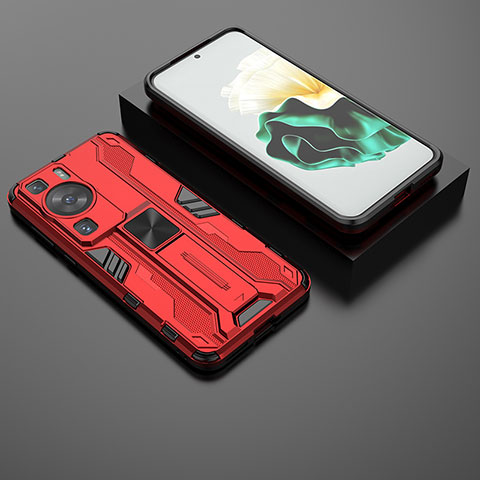 Funda Bumper Silicona y Plastico Mate Carcasa con Magnetico Soporte KC2 para Huawei P60 Pro Rojo