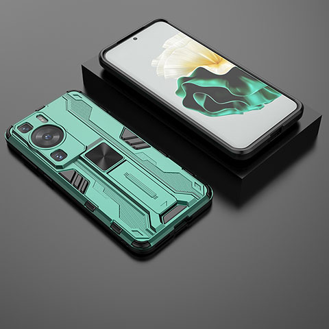 Funda Bumper Silicona y Plastico Mate Carcasa con Magnetico Soporte KC2 para Huawei P60 Pro Verde