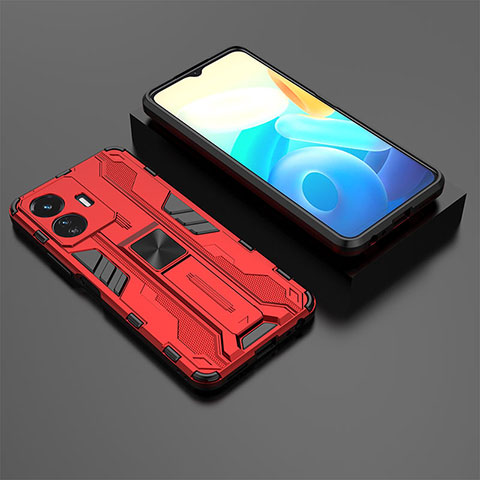 Funda Bumper Silicona y Plastico Mate Carcasa con Magnetico Soporte KC2 para Vivo iQOO Z6 Lite 5G Rojo