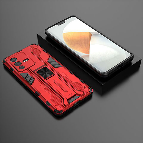 Funda Bumper Silicona y Plastico Mate Carcasa con Magnetico Soporte KC2 para Vivo V23 Pro 5G Rojo