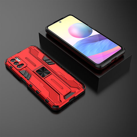 Funda Bumper Silicona y Plastico Mate Carcasa con Magnetico Soporte KC2 para Xiaomi Redmi Note 10 5G Rojo