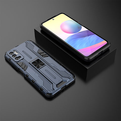 Funda Bumper Silicona y Plastico Mate Carcasa con Magnetico Soporte KC2 para Xiaomi Redmi Note 10T 5G Azul