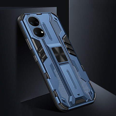 Funda Bumper Silicona y Plastico Mate Carcasa con Magnetico Soporte KC3 para Huawei P50 Azul