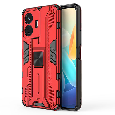 Funda Bumper Silicona y Plastico Mate Carcasa con Magnetico Soporte KC3 para Vivo iQOO Z6 Lite 5G Rojo