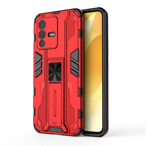 Funda Bumper Silicona y Plastico Mate Carcasa con Magnetico Soporte KC3 para Vivo V23 5G Rojo