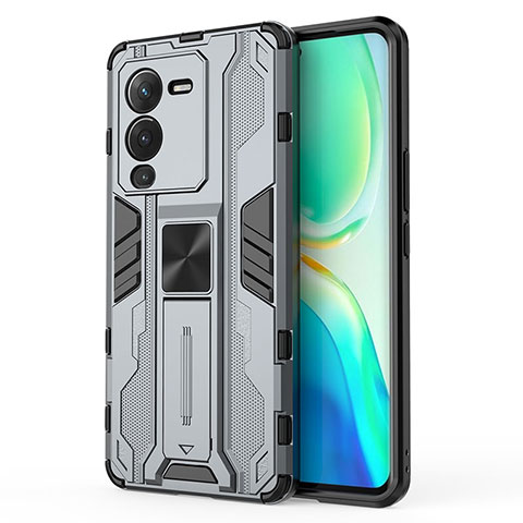 Funda Bumper Silicona y Plastico Mate Carcasa con Magnetico Soporte KC3 para Vivo V25 Pro 5G Gris