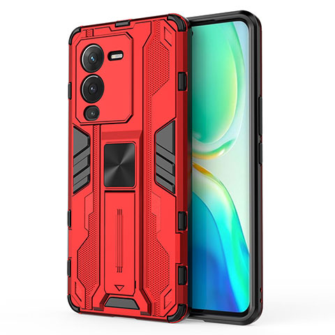 Funda Bumper Silicona y Plastico Mate Carcasa con Magnetico Soporte KC3 para Vivo V25 Pro 5G Rojo