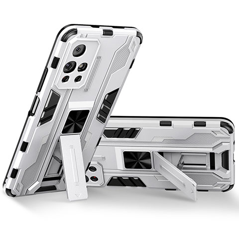 Funda Bumper Silicona y Plastico Mate Carcasa con Magnetico Soporte KC3 para Xiaomi Poco M4 Pro 5G Blanco