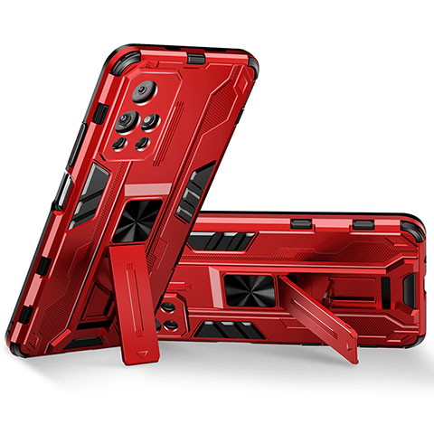 Funda Bumper Silicona y Plastico Mate Carcasa con Magnetico Soporte KC3 para Xiaomi Poco M4 Pro 5G Rojo