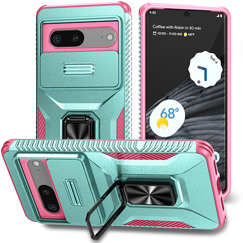 Funda Bumper Silicona y Plastico Mate Carcasa con Magnetico Soporte MQ1 para Google Pixel 7 5G Cian