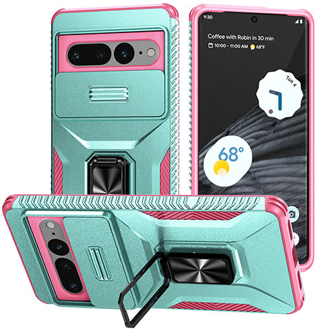 Funda Bumper Silicona y Plastico Mate Carcasa con Magnetico Soporte MQ1 para Google Pixel 7 Pro 5G Cian